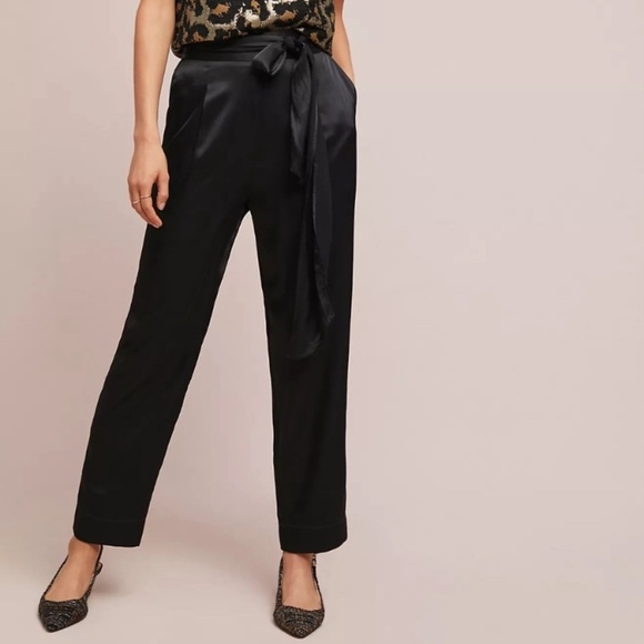 Ett:Twa from Anthropologie Black Satin Trousers with Tie-Belt - Picture 1 of 7